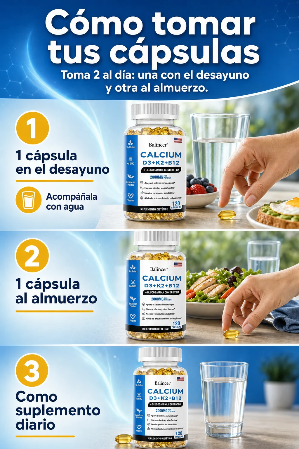 Cómo tomar tus cápsulas. Toma 2 al día: una con el desayuno y otra al almuerzo.