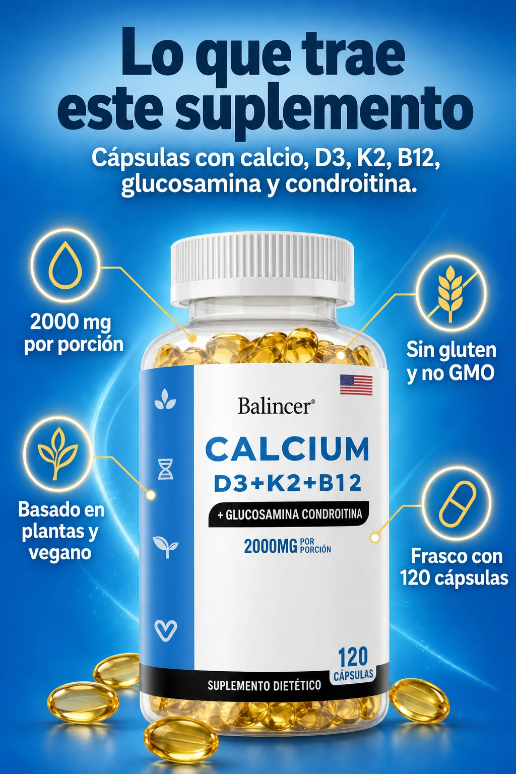 Lo que trae este suplemento. Cápsulas con calcio, D3, K2, B12, glucosamina y condroitina.